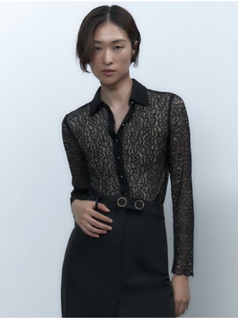 Zara Sheer Black Lace Button-Up Shirt Size S